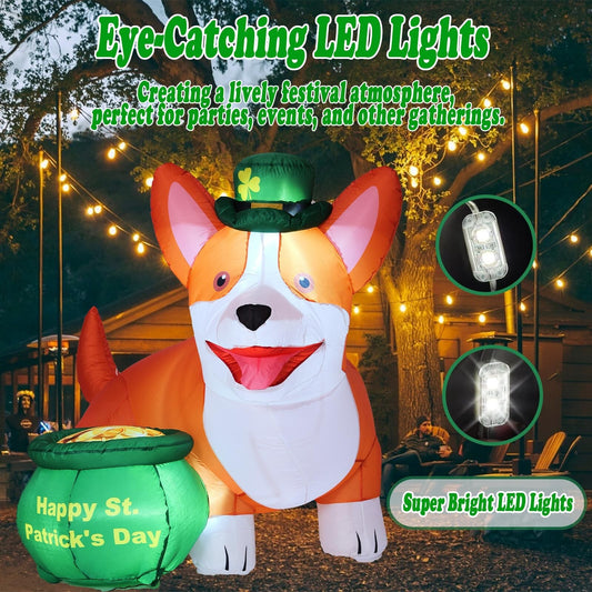 6FT St. Patrick'S Day Inflatables Corgi Yard Decoration, Blow up Dog with Gol...