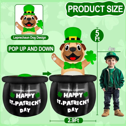 5 Ft Animated St. Patricks Day Iatables Bulldog Wearing Green Hat Holding Lucky Shamrock on Gold Coin Pot, Blow up Outdoor Decor