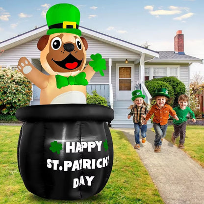 5 Ft Animated St. Patricks Day Iatables Bulldog Wearing Green Hat Holding Lucky Shamrock on Gold Coin Pot, Blow up Outdoor Decor