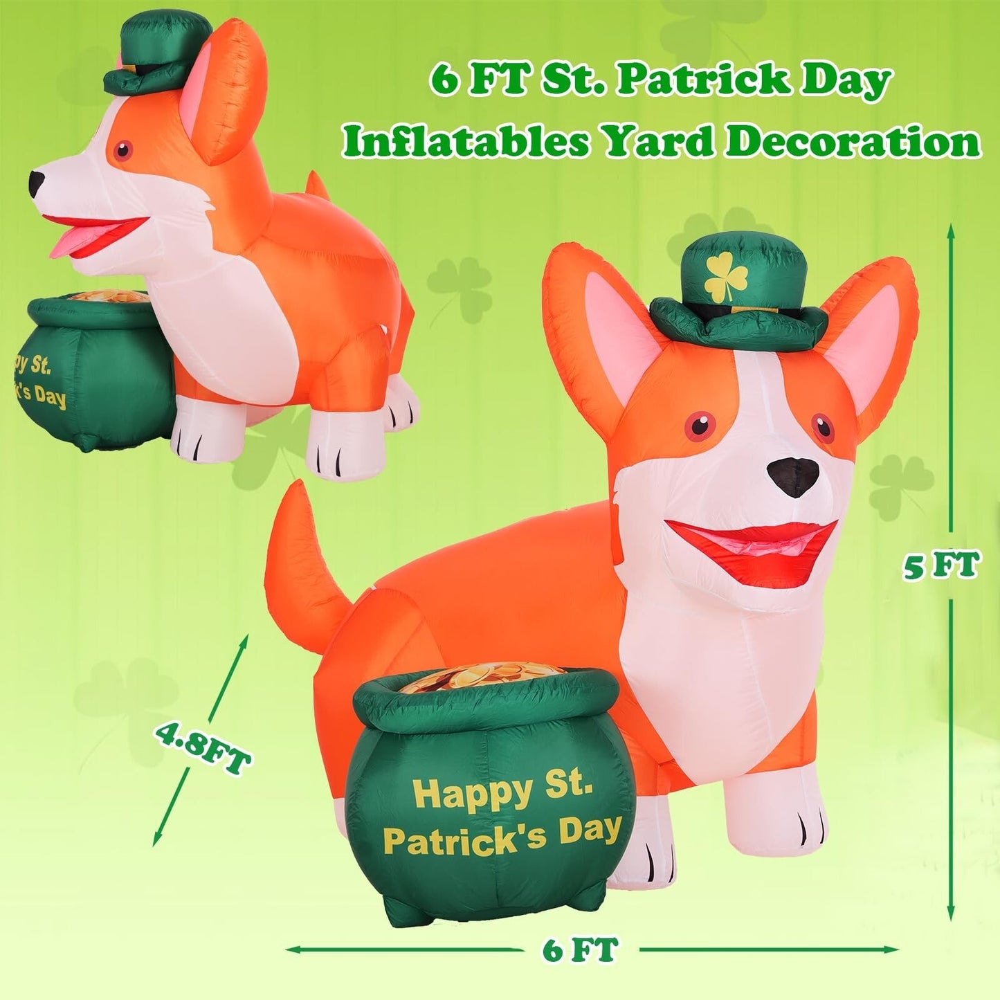 6FT St. Patrick'S Day Inflatables Corgi Yard Decoration, Blow up Dog with Gol...