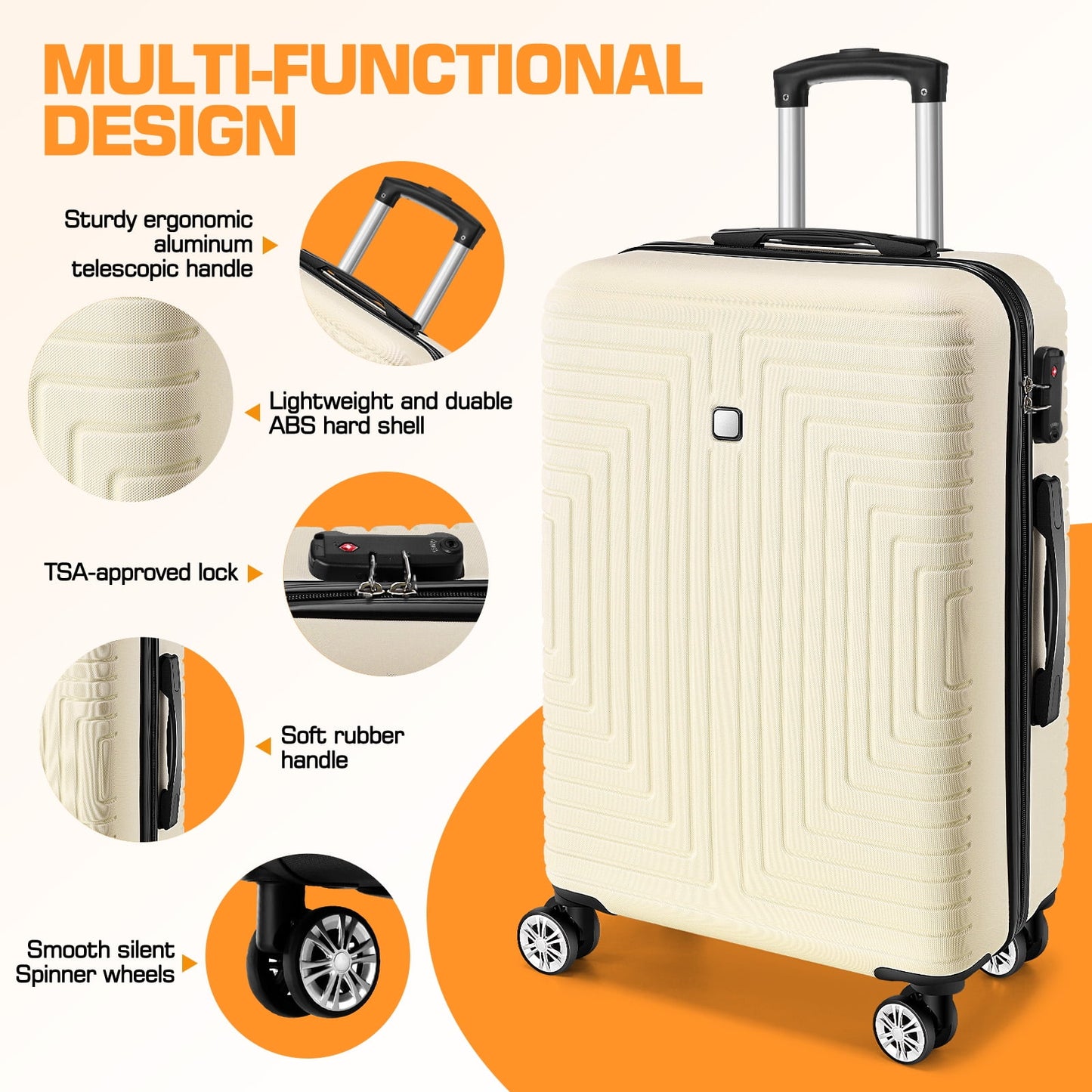 5 Piece Hardshell Luggage Set, Lightweight Suitcase with TSA Lock Spinner Wheels Beige