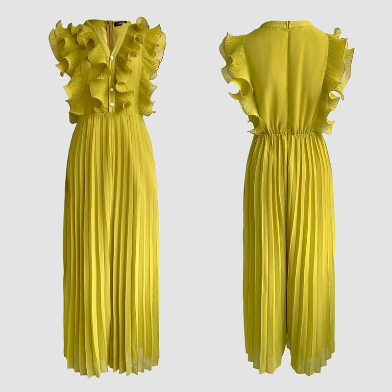 Chicme Women'S Ruffles Spliced V-Neck Sleeveless Button Front Pleated Overalls Casual Zipper Back Wide Leg Jumpsuit for St. Patrick'S Day