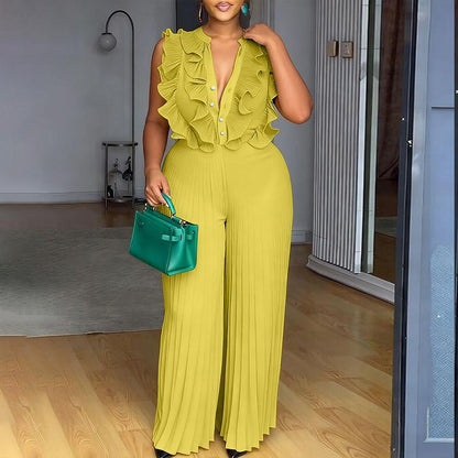 Chicme Women'S Ruffles Spliced V-Neck Sleeveless Button Front Pleated Overalls Casual Zipper Back Wide Leg Jumpsuit for St. Patrick'S Day
