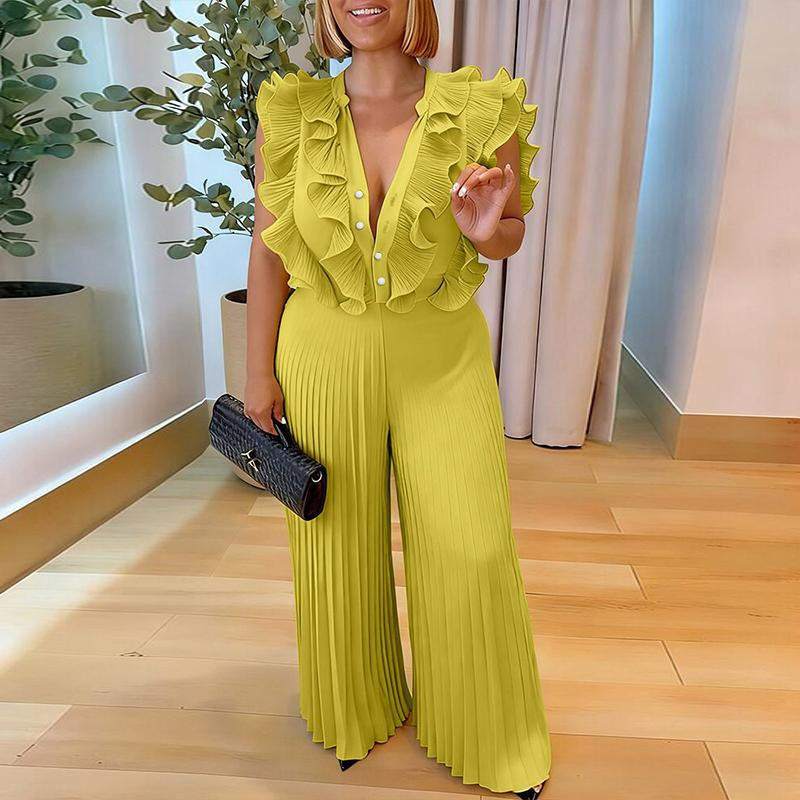 Chicme Women'S Ruffles Spliced V-Neck Sleeveless Button Front Pleated Overalls Casual Zipper Back Wide Leg Jumpsuit for St. Patrick'S Day
