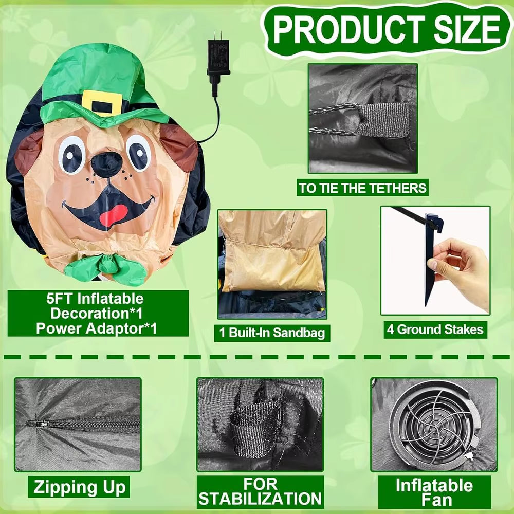 5 Ft Animated St. Patricks Day Iatables Bulldog Wearing Green Hat Holding Lucky Shamrock on Gold Coin Pot, Blow up Outdoor Decor