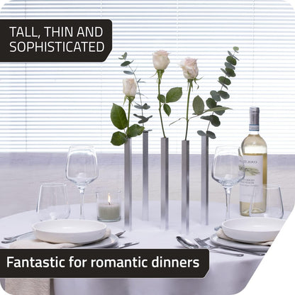 Magnetic Bud Vase Set (Silver) - Unique Home Decor Gift & Modern Table Centerpiece - 5 Aluminum Single Stem Vases - 9.4" Tall Gravity Defying Decor