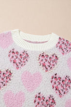 Load image into Gallery viewer, Valentine Leopard Heart Pearl Beaded Fuzzy Sweater
