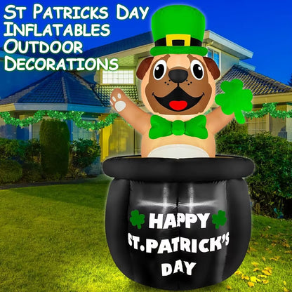 5 Ft Animated St. Patricks Day Iatables Bulldog Wearing Green Hat Holding Lucky Shamrock on Gold Coin Pot, Blow up Outdoor Decor