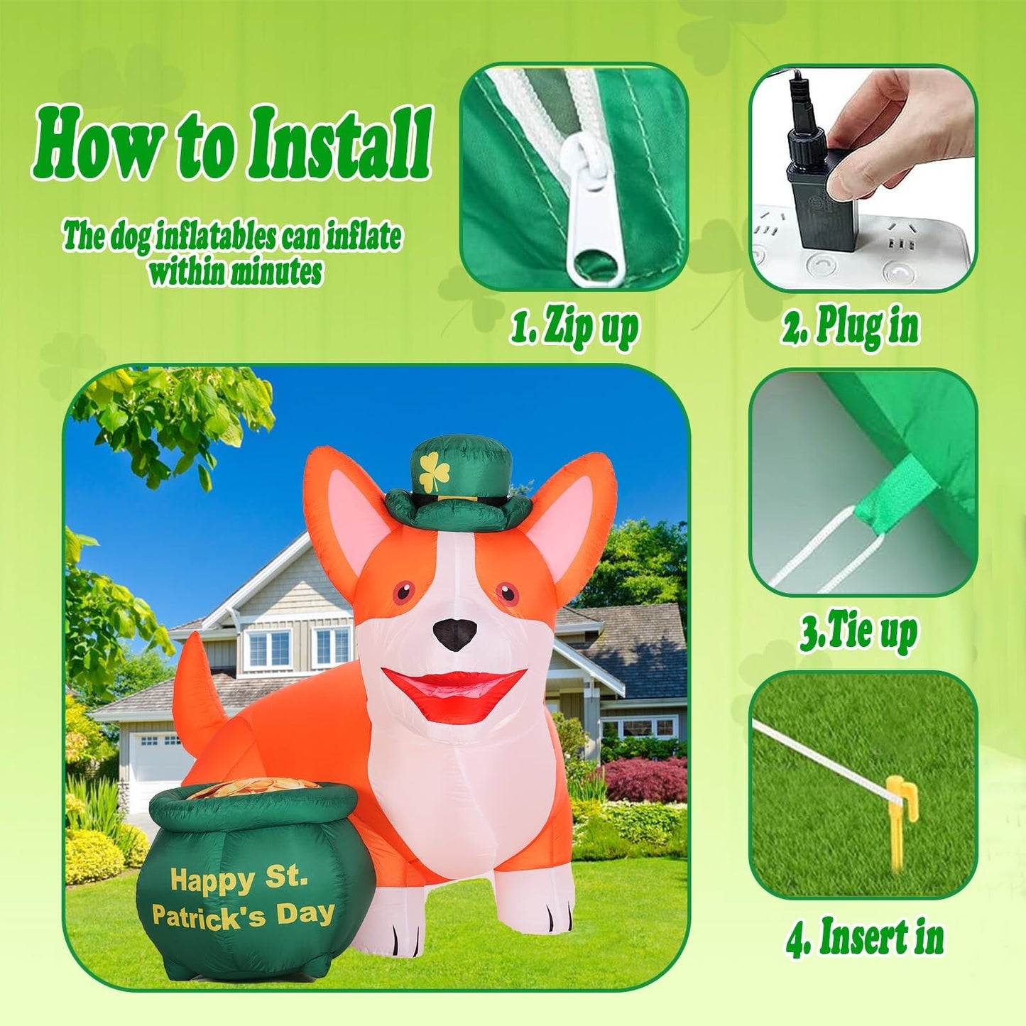 6FT St. Patrick'S Day Inflatables Corgi Yard Decoration, Blow up Dog with Gol...
