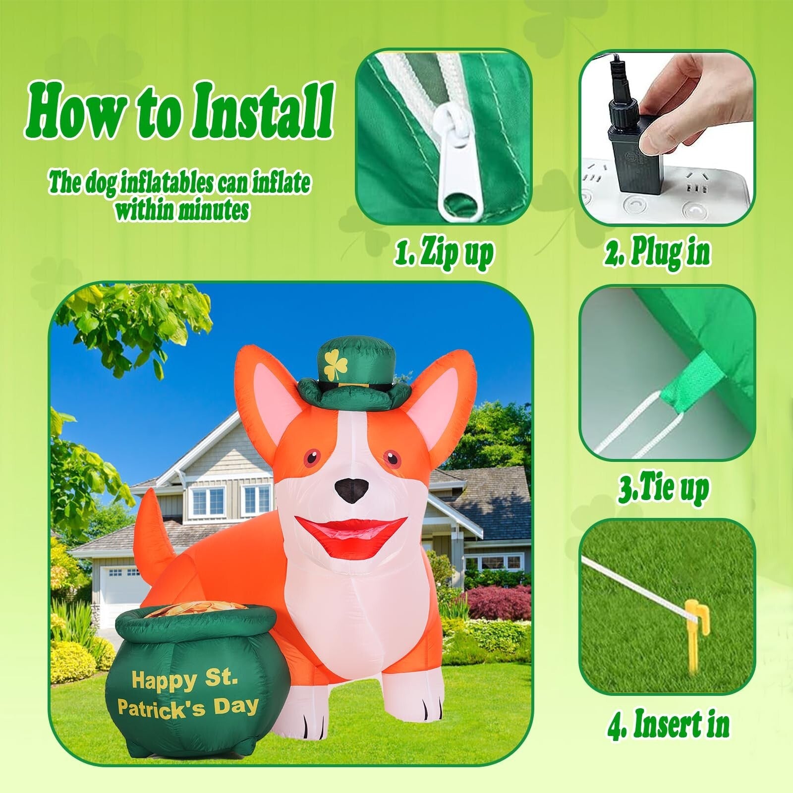 6FT St. Patrick'S Day Inflatables Corgi Yard Decoration, Blow up Dog with Gol...