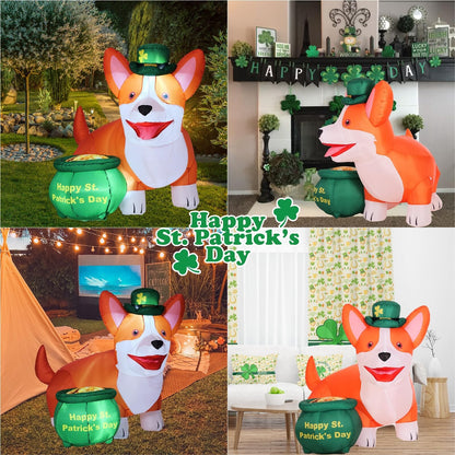 6FT St. Patrick'S Day Inflatables Corgi Yard Decoration, Blow up Dog with Gol...