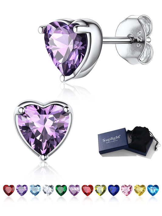 Silver Earrings for Women 925 Sterling Silver Heart Birthstone Stud Earrings Birthday Jewelry Gift
