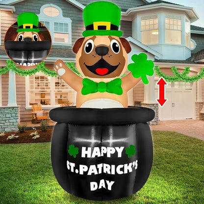 5 Ft Animated St. Patricks Day Iatables Bulldog Wearing Green Hat Holding Lucky Shamrock on Gold Coin Pot, Blow up Outdoor Decor