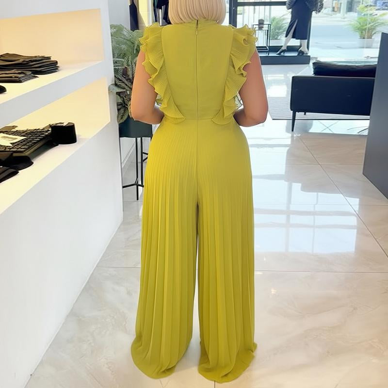Chicme Women'S Ruffles Spliced V-Neck Sleeveless Button Front Pleated Overalls Casual Zipper Back Wide Leg Jumpsuit for St. Patrick'S Day