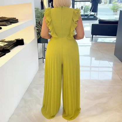 Chicme Women'S Ruffles Spliced V-Neck Sleeveless Button Front Pleated Overalls Casual Zipper Back Wide Leg Jumpsuit for St. Patrick'S Day