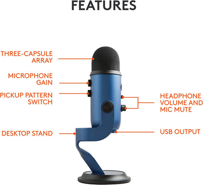 Logitech Creators  Yeti USB Microphone for Gaming, Streaming, Podcast, Youtube, Discord, PC, Studio Sound, Plug & Play-Midnight
