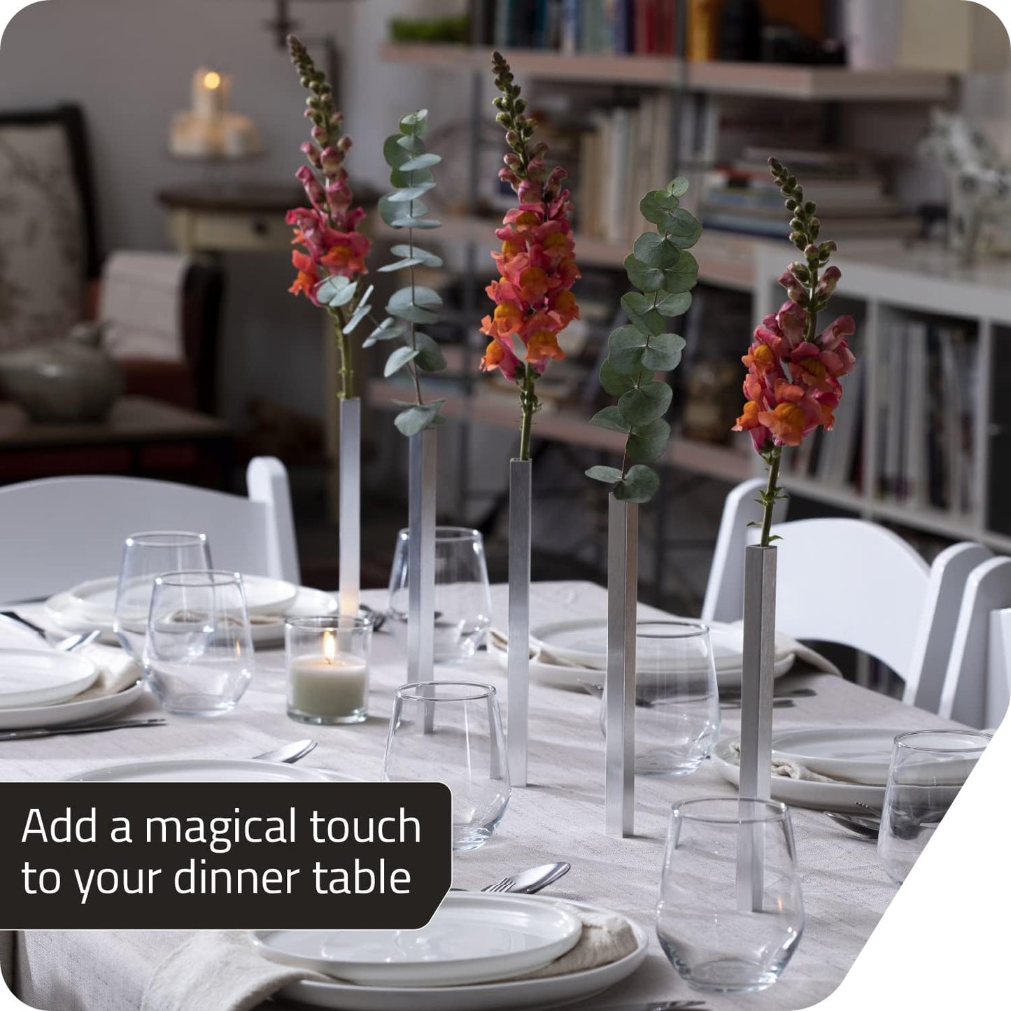 Magnetic Bud Vase Set (Silver) - Unique Home Decor Gift & Modern Table Centerpiece - 5 Aluminum Single Stem Vases - 9.4" Tall Gravity Defying Decor