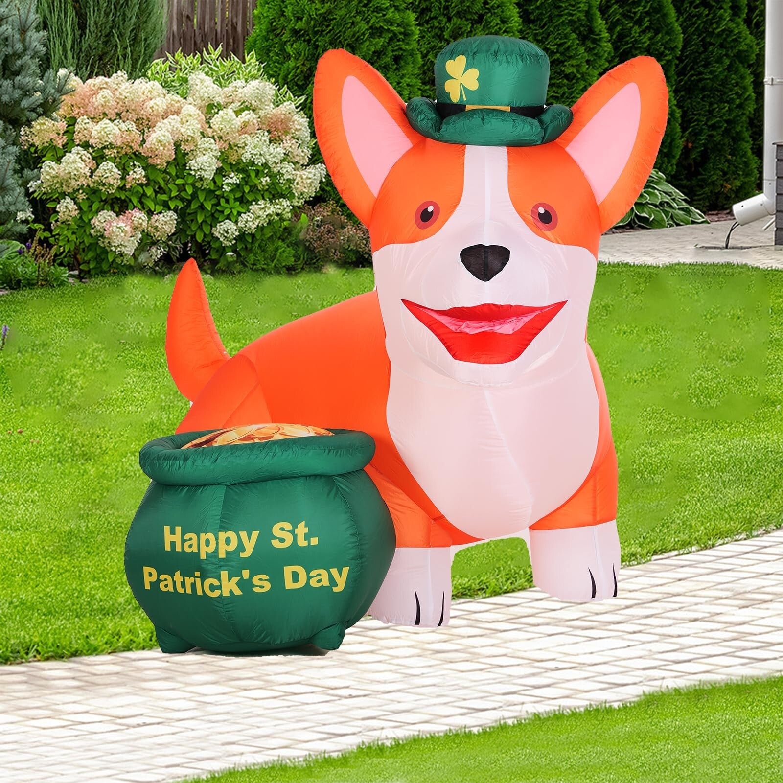 6FT St. Patrick'S Day Inflatables Corgi Yard Decoration, Blow up Dog with Gol...