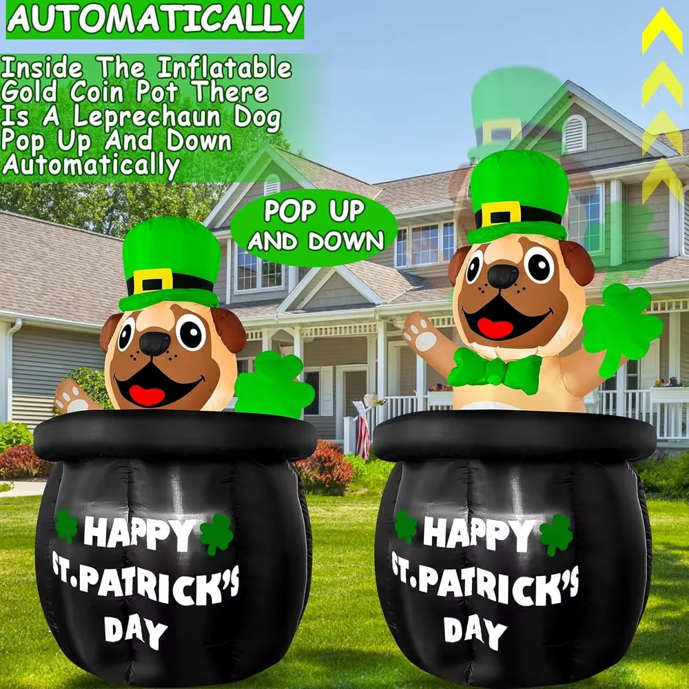 5 Ft Animated St. Patricks Day Iatables Bulldog Wearing Green Hat Holding Lucky Shamrock on Gold Coin Pot, Blow up Outdoor Decor