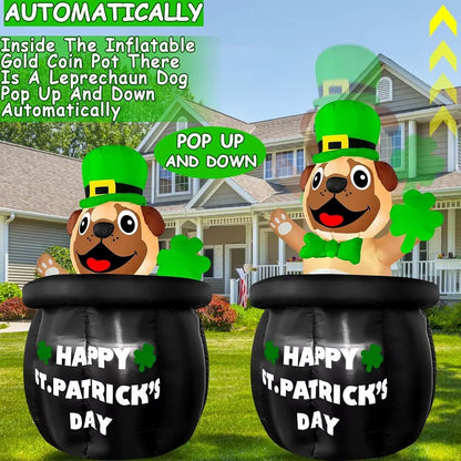 5 Ft Animated St. Patricks Day Iatables Bulldog Wearing Green Hat Holding Lucky Shamrock on Gold Coin Pot, Blow up Outdoor Decor